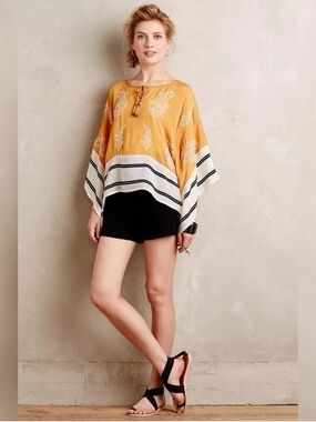 Anthropologie Mustard Paisley Poncho Top with Cream & Black Stripes